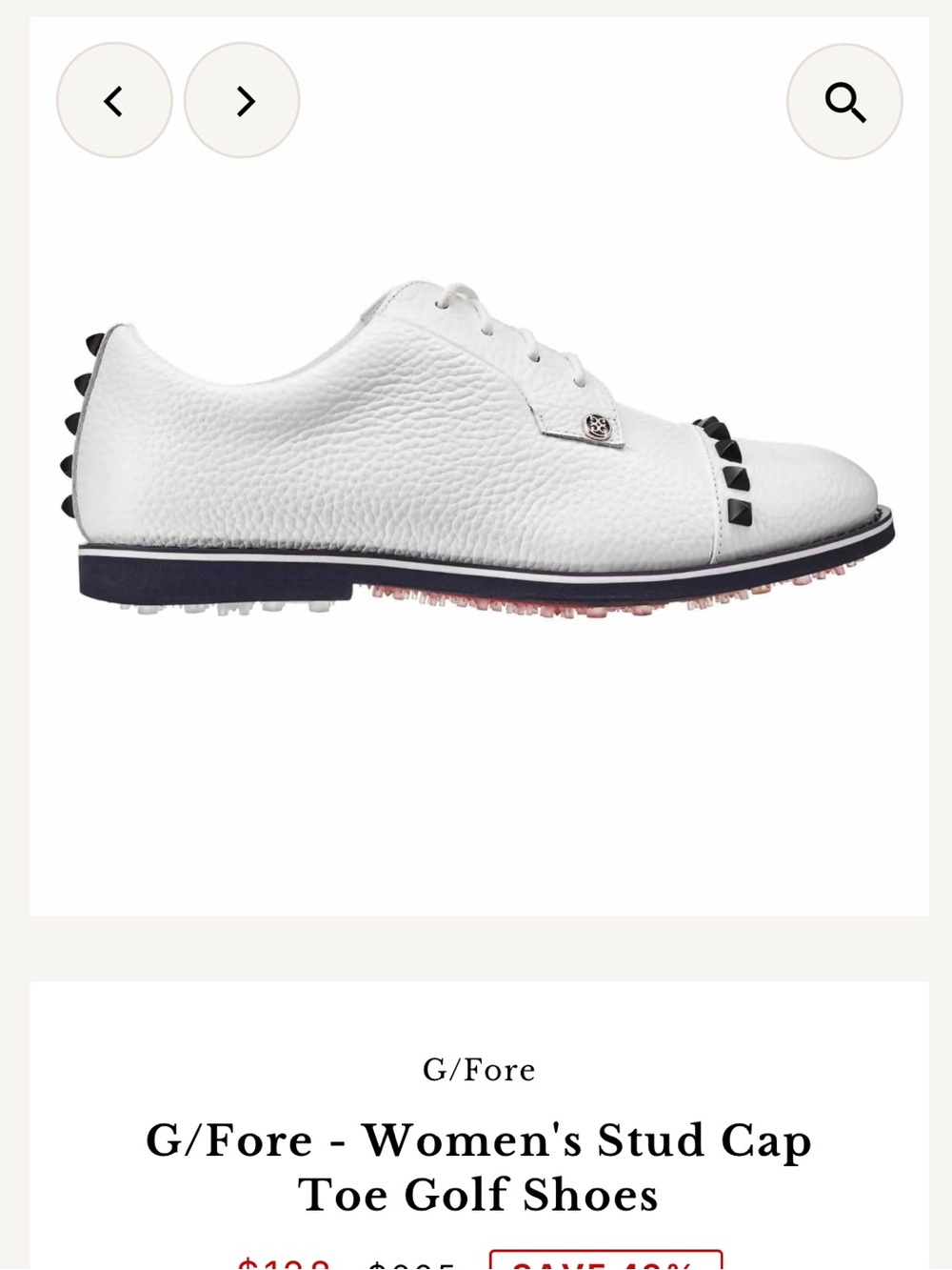 G/FORE White Leather Studded Cap-Toe Golf Shoe with Black Accents. 7.5